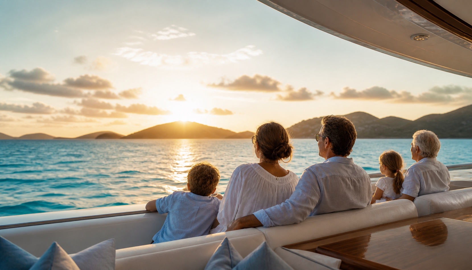 A family watching the sunset together from a yacht